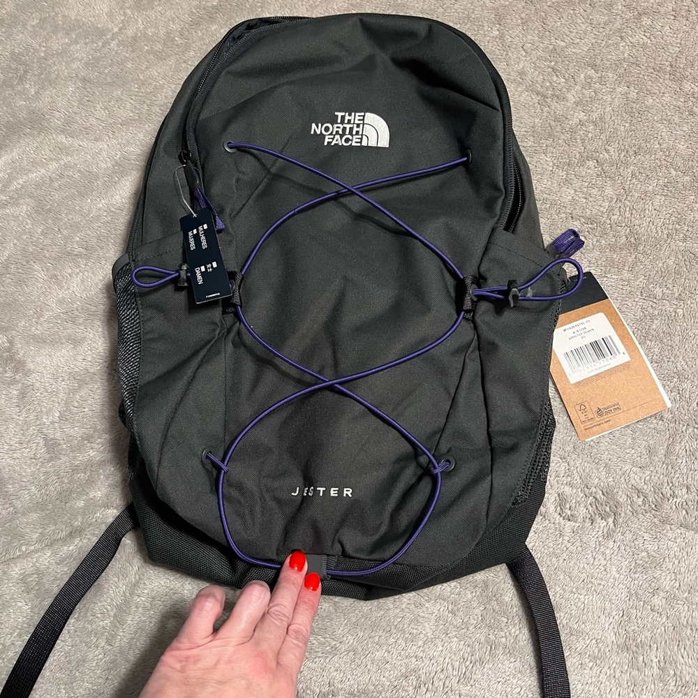 The North Face Men's Gray Backpack with Purple Accents